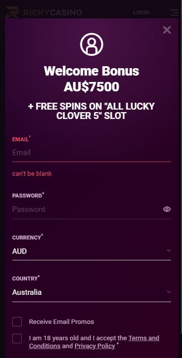 Registration in Ricky Casino app.